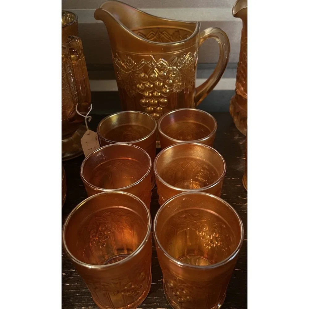 Northwood Grape and Gothic Arches Marigold Carnival 7pc Pitcher Set  c.1914